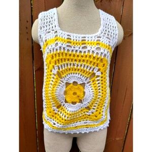 Handmade  Crochet Cropped Tank Top Womens White Yellow Hand-Knitted Square Neck
